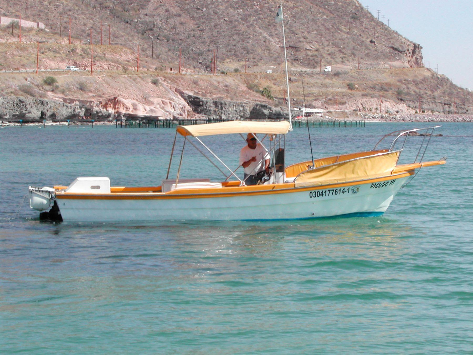 At the helm of Picudo III — Baja Mosquito Fleet, La Paz